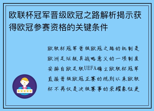 欧联杯冠军晋级欧冠之路解析揭示获得欧冠参赛资格的关键条件